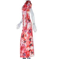 Short sleeve v neck flower print button maxi dress