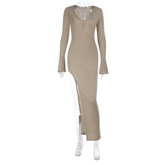 V neck long sleeve slit irregular maxi dress