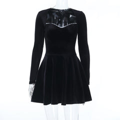 Long sleeve v neck lace hem velvet mini dress