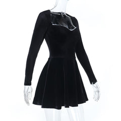 Long sleeve v neck lace hem velvet mini dress
