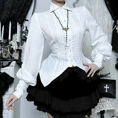 Long sleeve turnover collar button self tie top