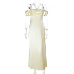 Cross back satin square neck off shoulder maxi dress
