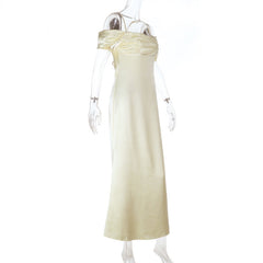 Cross back satin square neck off shoulder maxi dress