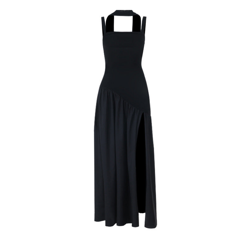 Square neck high slit ruched solid maxi dress