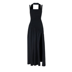 Square neck high slit ruched solid maxi dress