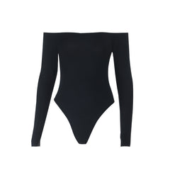 Off shoulder long sleeve hollow out solid bodysuit