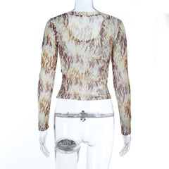 Print u neck long sleeve contrast top