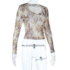 Print u neck long sleeve contrast top