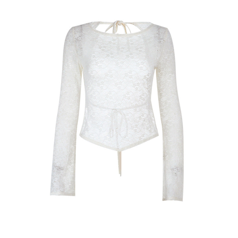 Long sleeve round neck self tie backless lace top