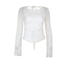 Long sleeve round neck self tie backless lace top