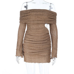 Textured long sleeve off shoulder hollow out cut out mini dress