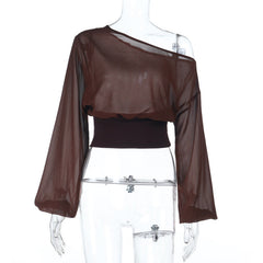 Long sleeve irregular see through one shoulder top