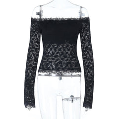 Long sleeve off shoulder lace solid top