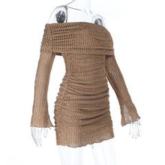 Textured long sleeve off shoulder hollow out cut out mini dress