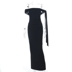 Off shoulder slit irregular solid maxi dress