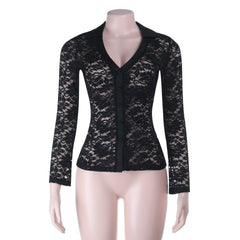 Lace long sleeve v neck button see through top