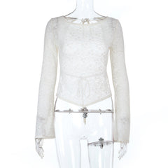 Long sleeve round neck self tie backless lace top