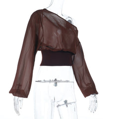 Long sleeve irregular see through one shoulder top