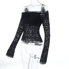 Long sleeve off shoulder lace solid top