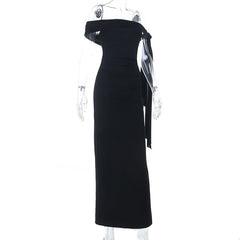 Off shoulder slit irregular solid maxi dress