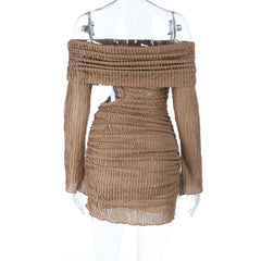 Textured long sleeve off shoulder hollow out cut out mini dress