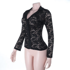 Lace long sleeve v neck button see through top