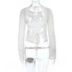 Long sleeve round neck self tie backless lace top