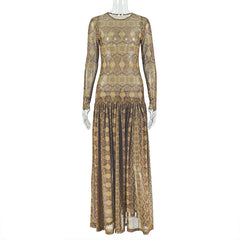 Mesh long sleeve crewneck print maxi dress