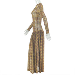 Mesh long sleeve crewneck print maxi dress