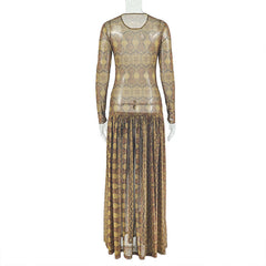 Mesh long sleeve crewneck print maxi dress