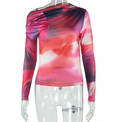 Long sleeve print irregular one shoulder top