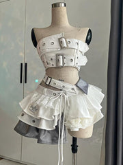 Irregular buckle patchwork lace mini skirt set
