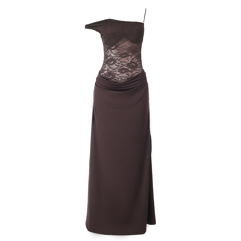 Irregular lace high slit backless cami maxi dress