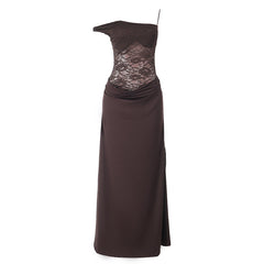 Irregular lace high slit backless cami maxi dress