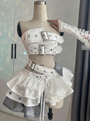 Irregular buckle patchwork lace mini skirt set