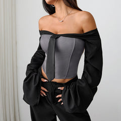 Off shoulder long sleeve zip-up ruched top