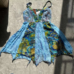 Self tie v neck print lace patchwork cami mini dress