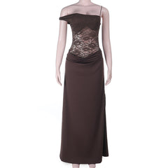 Irregular lace high slit backless cami maxi dress