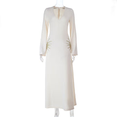 Long sleeve v neck zip-up self tie maxi dress