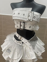 Irregular buckle patchwork lace mini skirt set