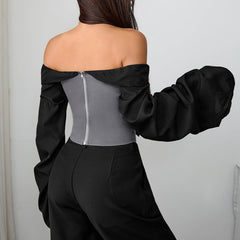 Off shoulder long sleeve zip-up ruched top