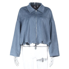 Turnover collar long sleeve zip-up solid top