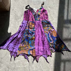 Self tie v neck print lace patchwork cami mini dress