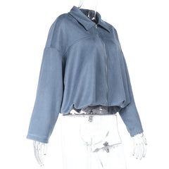 Turnover collar long sleeve zip-up solid top