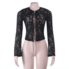 Long sleeve lace self tie solid crewneck top
