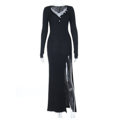 Long sleeve v neck lace hem slit maxi dress