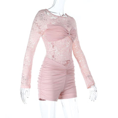 Lace long sleeve round neck ruched zip-up romper