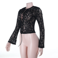 Long sleeve lace self tie solid crewneck top