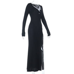 Long sleeve v neck lace hem slit maxi dress