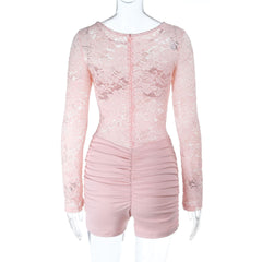 Lace long sleeve round neck ruched zip-up romper